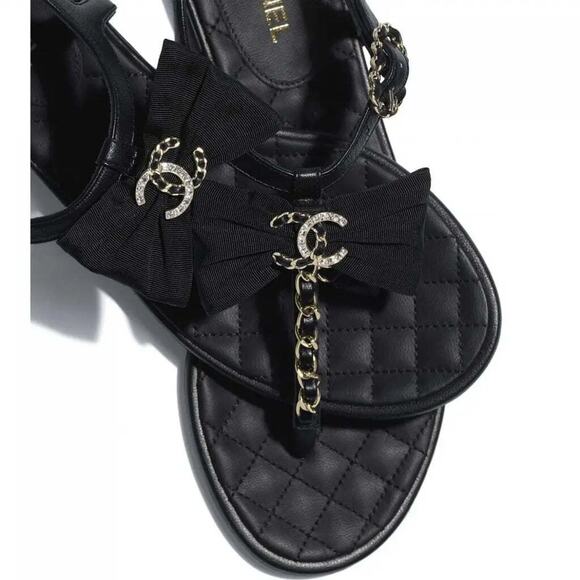 Chanel 20A Black Crystal Bow Lambskin CC Logo Mule Slide Flat Thong Sandal 39.5 - Picture 6 of 12